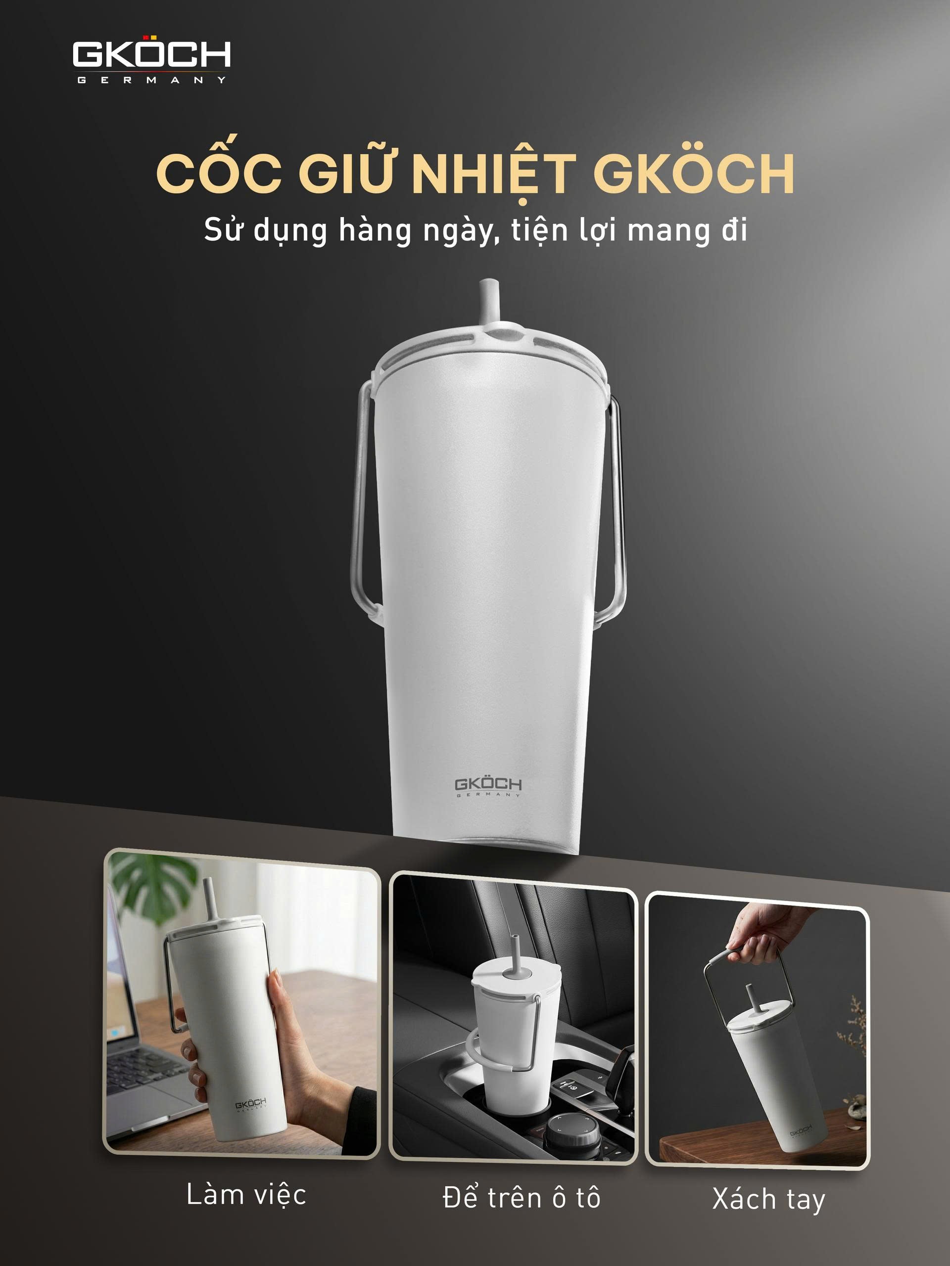 Bình giữ nhiệt GKÖCH dung tích 600ml - Màu trắng - Hàng nhập khẩu