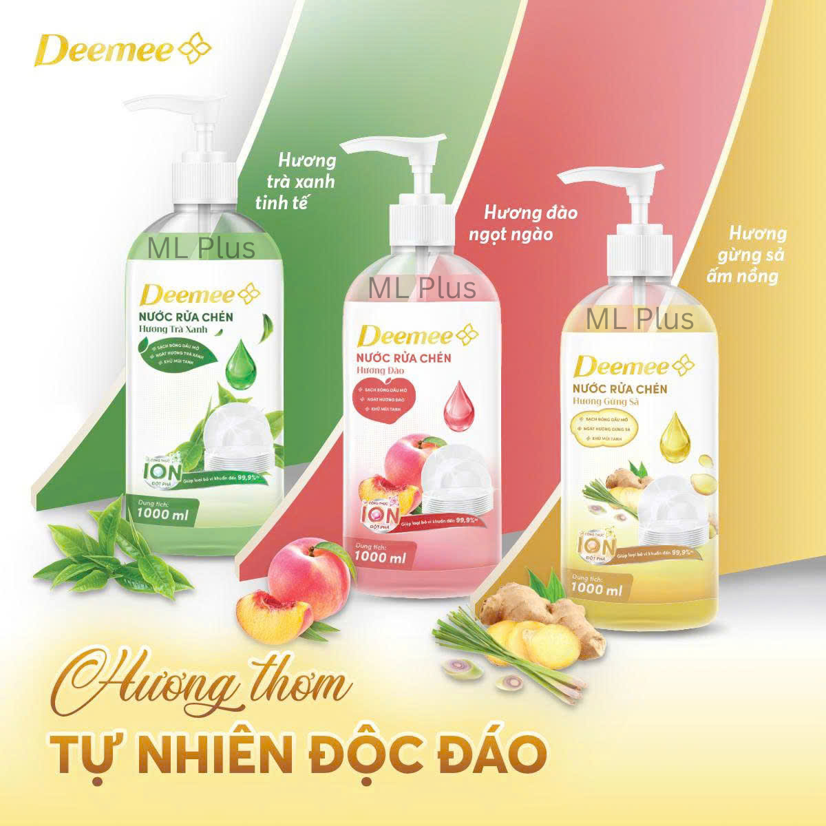 Nước rửa chén Deemee - mùi hương Trà Xanh, Hương Đào, Rừng Sả - 1000ml - Hàng Chính Hãng